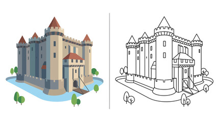 Medieval Castle Fortress with Moat and Drawbridge, Flat Design and Outline © Zeyi