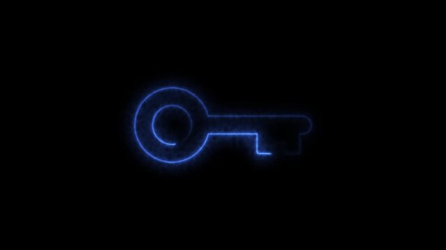 Glowing blue neon key animation on black background, for digital security, and access concepts