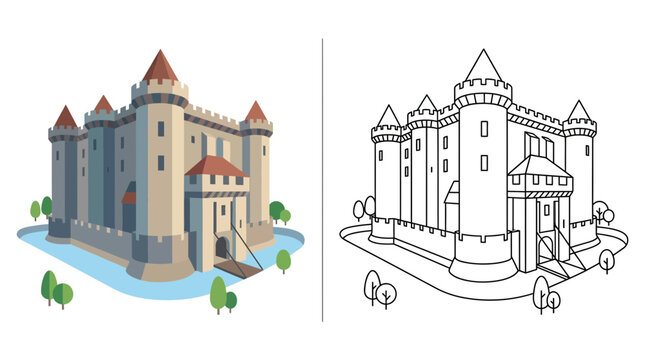 Medieval Castle Fortress with Moat and Drawbridge, Flat Design and Outline