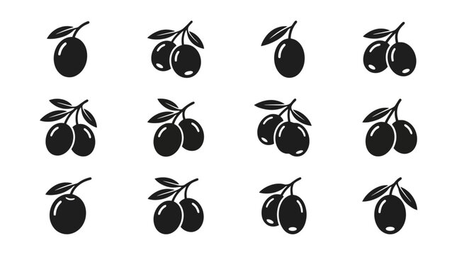 Collection of black cherry icons on white.