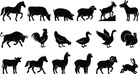 Obraz premium Set of farm animals and livestock silhouettes including horse, bull, sheep, pig, and poultry in black vector