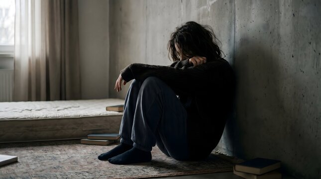 Lonely depressed woman sitting on the floor leaning against wall concept of mental health anxiety and depression