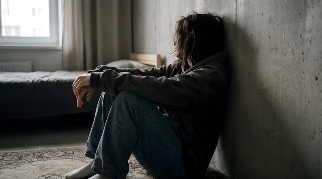 Sad young person feeling lonely and anxious indoors dealing with panic disorder psychological stress and burnout