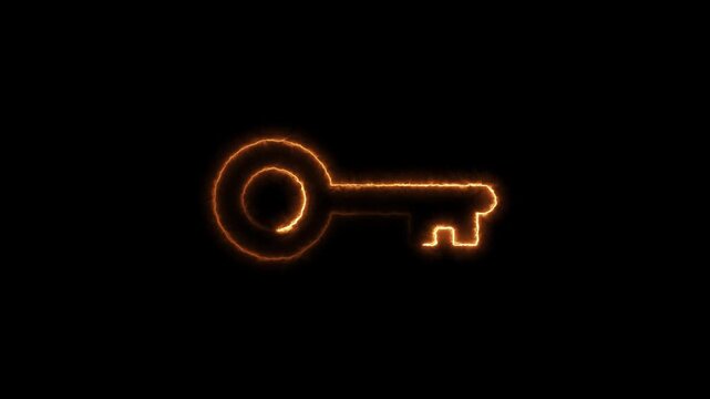 Glowing fire key animation, digital security and access concept, abstract orange flame symbol on black background