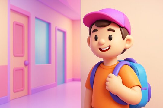 Cheerful cartoon student boy with backpack standing in colorful school hallway with soft pastel walls and doors, perfect for educational themes. Ai generative