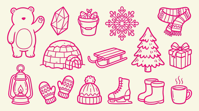 Cute Winter Icons Collection with a Bear, Igloo, Snowflake, and Christmas Tree.