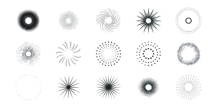 Set of various circular halftone patterns and radial starburst vector shapes for creative art