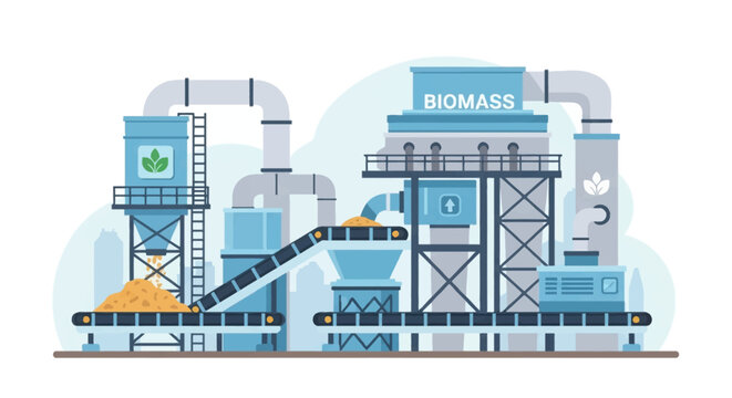 Detailed vector illustration of a biomass energy facility with conveyor belts, storage silos, and industrial pipes processing wood chips for renewable power and sustainable electricity generation.