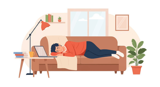 Vector illustration of an exhausted man lying asleep on a living room sofa with a laptop and books on a side table, depicting professional burnout, fatigue, and overwork from remote job.