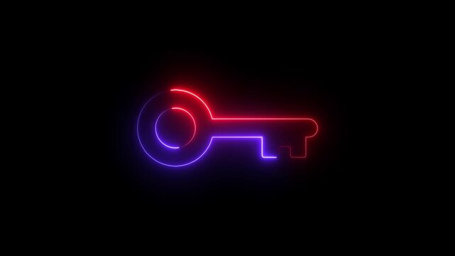 Neon glowing key animation, cyberpunk style digital security symbol for tech and business concepts