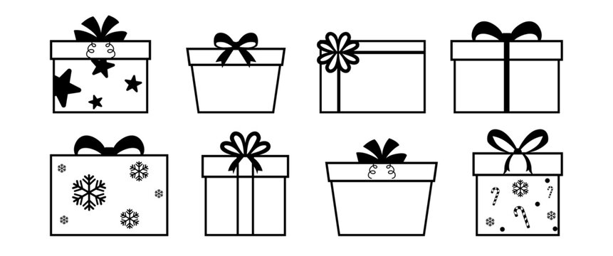 Outline Gift Box Illustration Set with Minimal Present Box Icons, Ribbon Bow Packaging Designs for Holiday, Birthday and Celebration