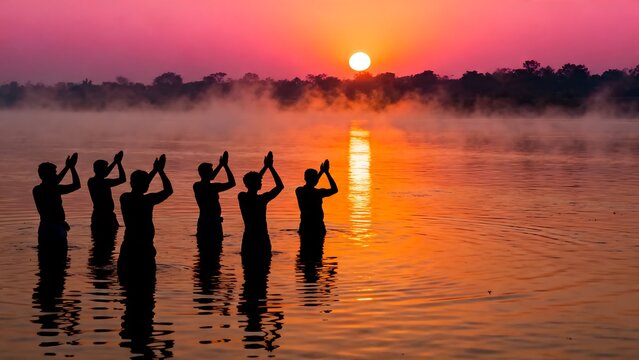 Silhouettes of Hindu devotees praying in a misty holy river at sunrise during Chhath Puja festival