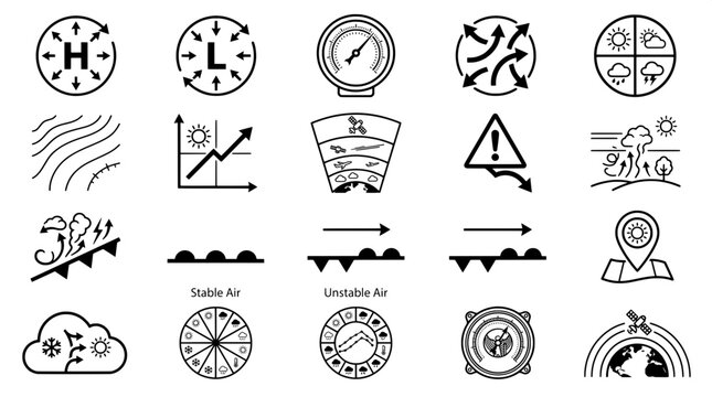 Meteorological data analysis and weather mapping icon set with meteorology analysis atmosphere satellite pressure barometer unstable