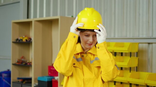 Confident female industrial worker in yellow uniform puts on a protective hard hat and smiles at the camera inside a manufacturing warehouse. Occupational safety and logistics professional concept.
