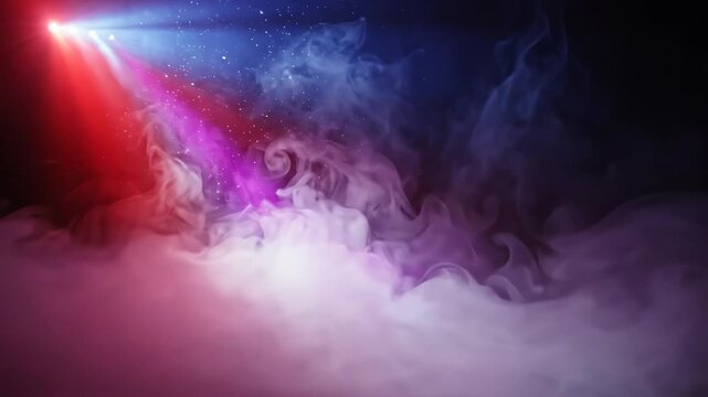 Dramatic atmospheric light rays penetrating dense fog and floating dust in a high contrast abstract environment with red and blue colors