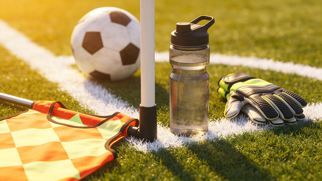 Assistant referee flag water bottle goalkeeper gloves and soccer ball beside football corner flag