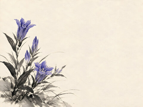 Japanese sumi-e ink wash rindo gentian flowers on washi, autumn background with copy space