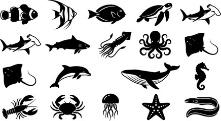 Obraz premium Marine Animals Silhouette Icon Set Collection Isolated on White Background Including Fish Shark Dolphin Whale Octopus Turtle and Sea Creatures