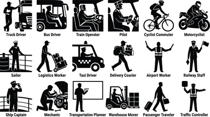 Obraz premium Set of transportation and logistics icons featuring various professional drivers, workers, and travelers in silhouette style, image_30a3ce.png.