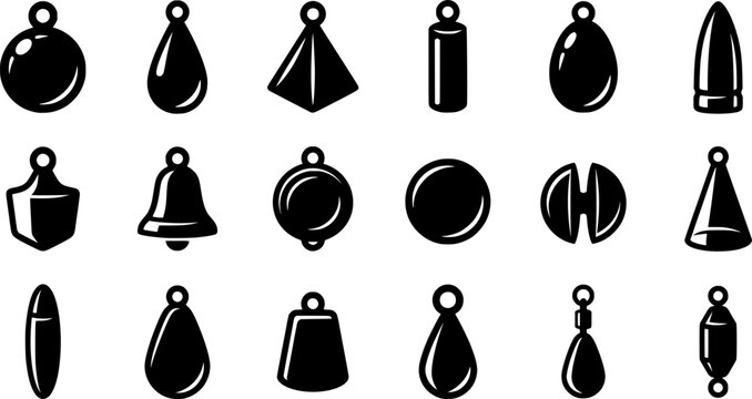 Fishing Sinkers and Weight Icons Set Isolated on White Background with Drop Bell Pyramid Bullet and Lead Tackle Shapes