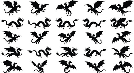 Fototapeta premium Black dragon silhouettes, 20 different on white background, dragons mythical creatures