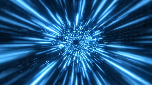 Abstract glowing blue energy lines streaking forward across a dark digital space representing rapid acceleration and unstoppable progress
