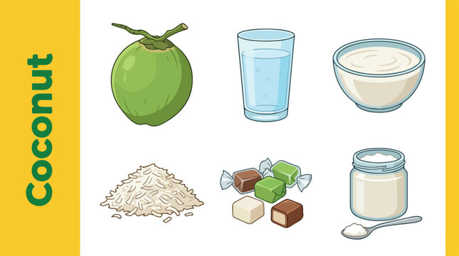 Fresh coconut with ingredients on a table indoors