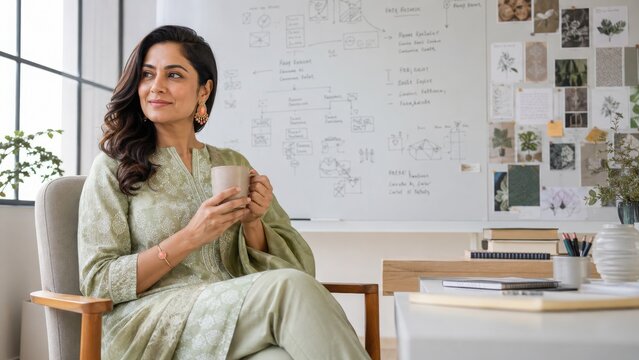Thoughtful Indian businesswoman relaxing with coffee at desk with whiteboard in modern office.