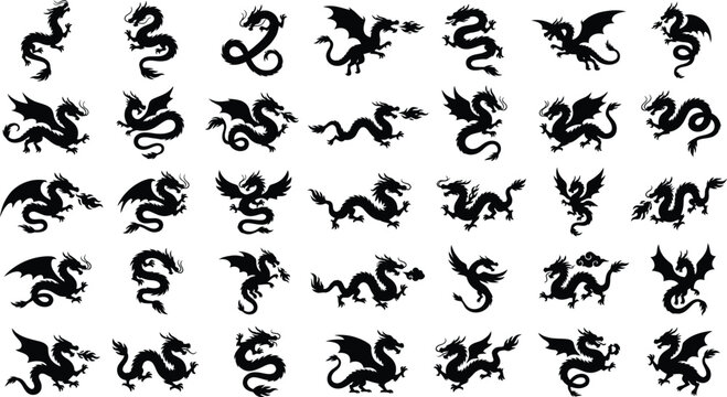 Black dragon silhouettes, 28 mythical creatures on white background, dragons