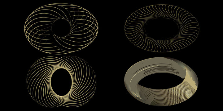 Toroidal shapes with linear patterns against a black background