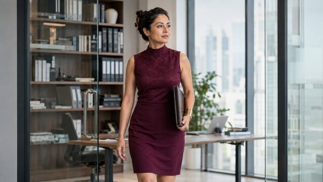 Successful corporate woman walking in high end executive office suite wearing maroon dress and carrying leather folder.