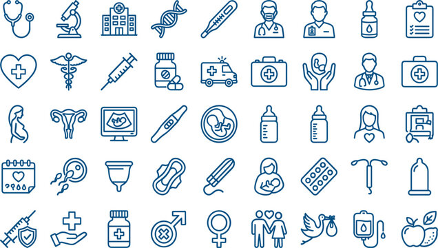 Medical healthcare pregnancy gynecology female health and fertility blue line vector icon set