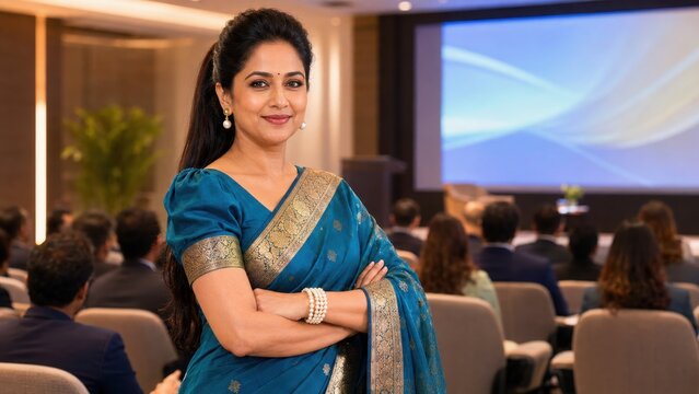 Professional indian woman standing with arms crossed in front of audience during business seminar or corporate meeting.