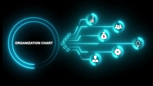 Organization Chart Neon Infographic with Icons and Flowchart on Black Background glowing