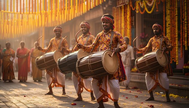 Loud traditional dappu drummers playing in the street during Telangana Bonalu festival celebrations, representing rich Indian culture, folk music, and celebration concept