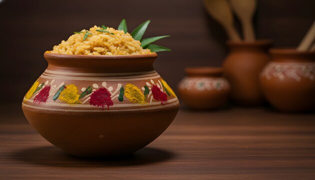 Traditional bonam offering of cooked rice mixed with jaggery in a decorated clay pot for Telangana Bonalu festival celebration concept, presented on a rustic wooden background