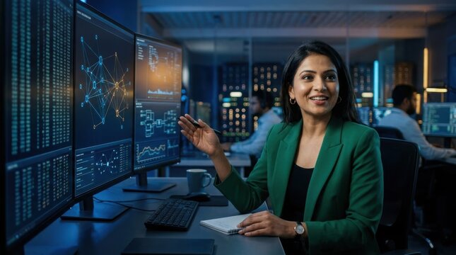 Professional indian woman data scientist analyzing complex network visualizations on multiple monitors in high tech office.