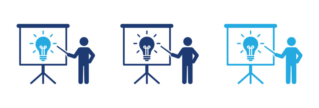 Business presentation icons showing person pointing to light bulb on projector screen for creative ideas.