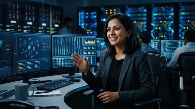 Happy indian woman it professional smiling and gesturing in server room with multiple monitors displaying data.