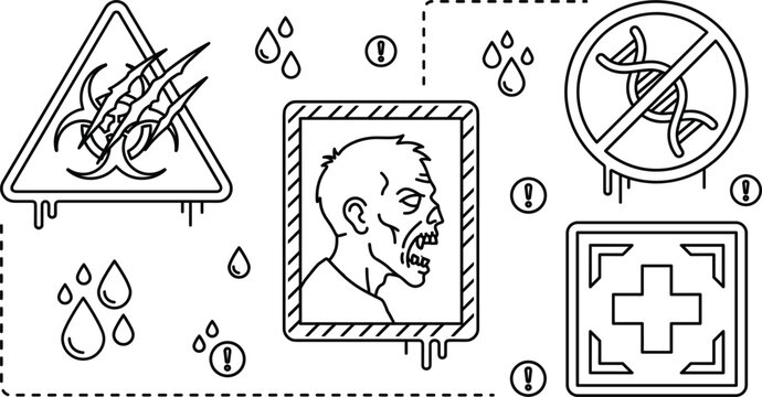 Biohazard apocalypse and zombie outbreak warning vector icon set featuring infected human dna and medical cross signs