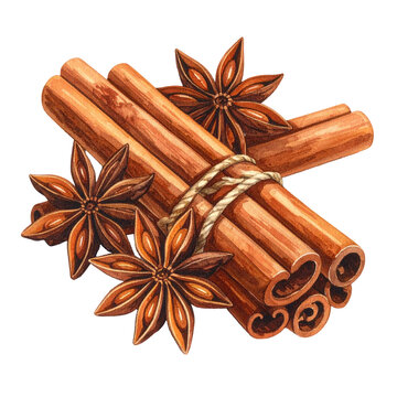 Watercolor illustration of cinnamon sticks bundled with twine and star anise