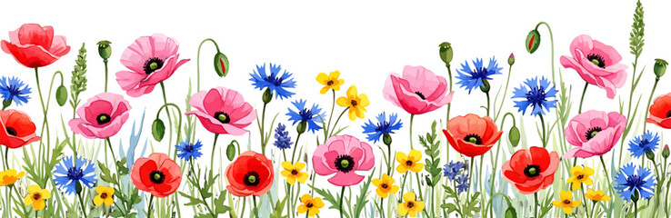 Fototapeta premium Watercolor wildflower border with red poppies and blue cornflowers isolated on white background for floral design projects