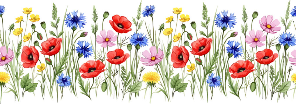 Watercolor wildflower border with red poppies and blue cornflowers for floral stationery and decorative wedding invitation design