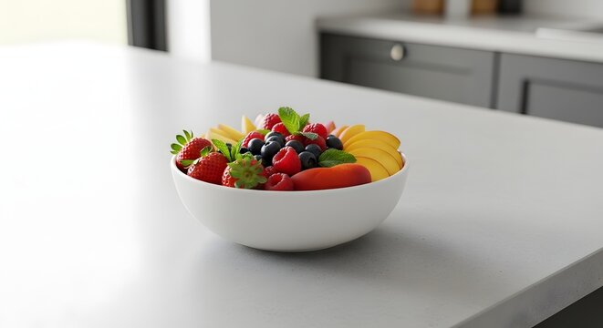 Fresh healthy mixed fruit salad in a white bowl with strawberry, colorful