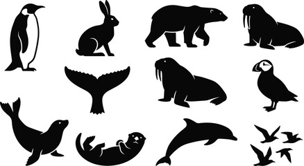 Obraz premium Arctic and Antarctic Polar Wildlife Silhouette Icon Set Featuring Penguin Polar Bear Walrus Seal Whale Tail Otter and Sea Birds Graphic Elements 