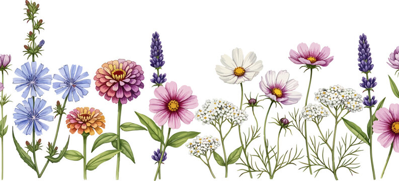 Wildflower border with zinnia cosmos lavender and chicory flowers isolated on white background as vector illustration design
