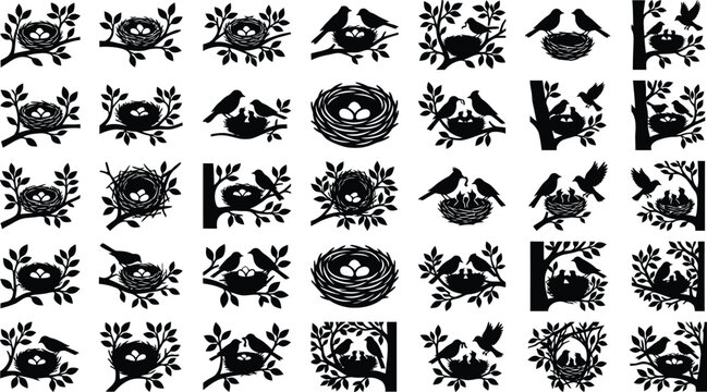 Black silhouettes of birds, nests, and trees on white background, repeating pattern bird silhouettes