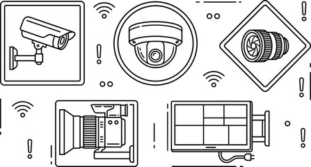 CCTV camera surveillance and security monitoring system vector icon set featuring dome lens and split screen display © MDBABULU
