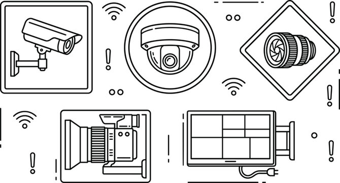 CCTV camera surveillance and security monitoring system vector icon set featuring dome lens and split screen display