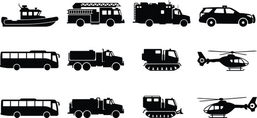 Emergency and Utility Vehicle Silhouette Vector Collection with Rescue Transport and Service Equipment © Mst Farida